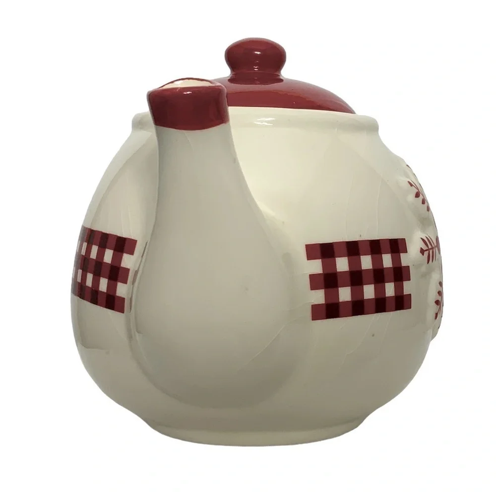 Teapot Folk Art Winter Gingham Buffalo Check Plaid Christmas Retired Red White